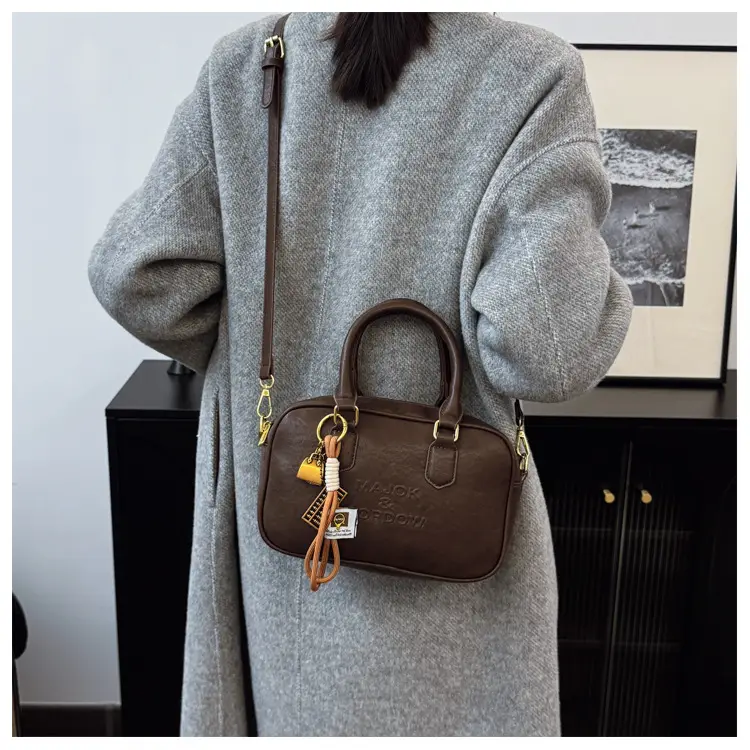 Women's Brown Leather Handbag with Gold Plated Handles — feature 19