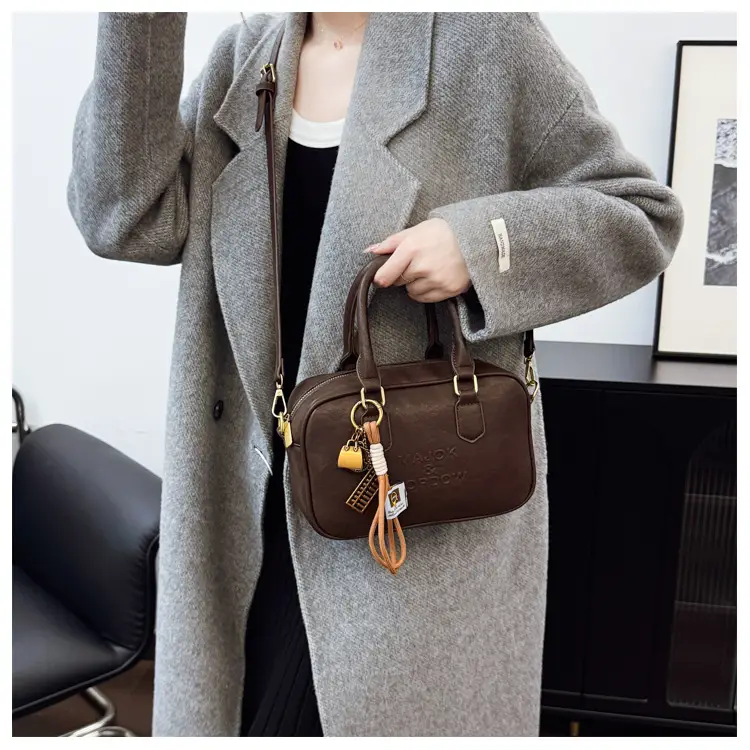 Women's Brown Leather Handbag with Gold Plated Handles — feature 20
