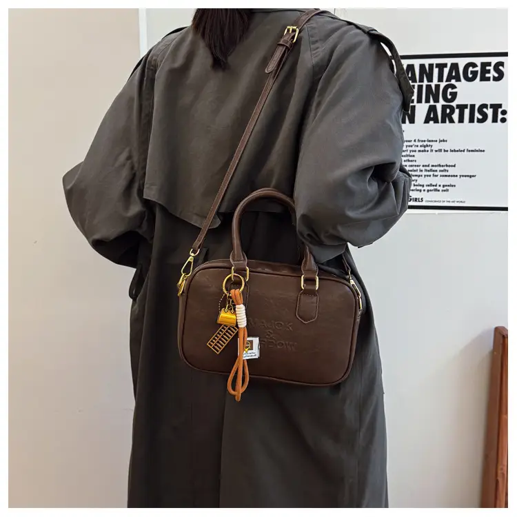 Women's Brown Leather Handbag with Gold Plated Handles — feature 24
