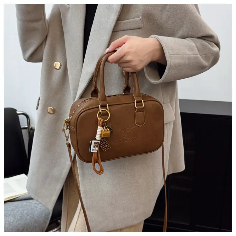 Women's Brown Leather Handbag with Gold Plated Handles — feature 29