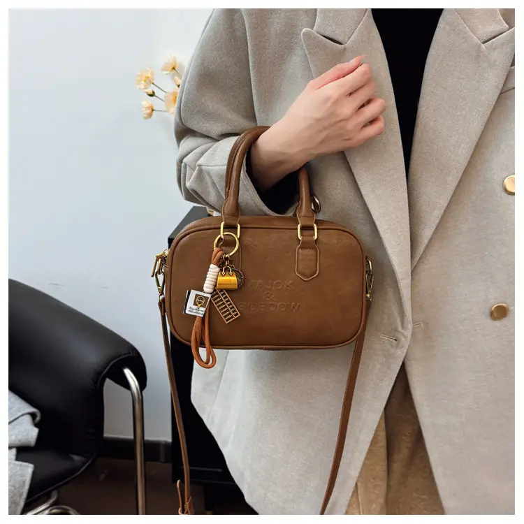 Women's Brown Leather Handbag with Gold Plated Handles — feature 30