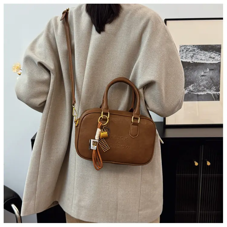 Women's Brown Leather Handbag with Gold Plated Handles — feature 31
