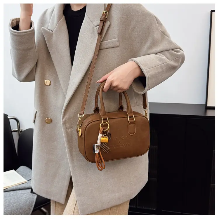 Women's Brown Leather Handbag with Gold Plated Handles — feature 32