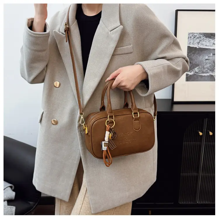 Women's Brown Leather Handbag with Gold Plated Handles — feature 34