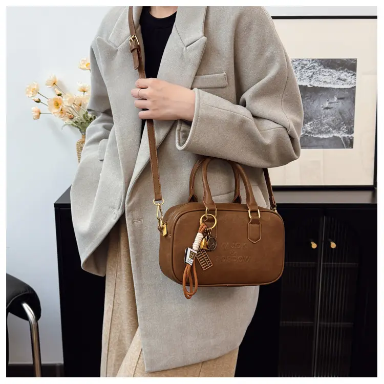 Women's Brown Leather Handbag with Gold Plated Handles — feature 35
