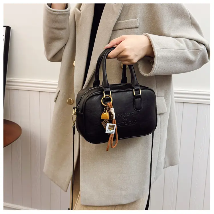 Women's Brown Leather Handbag with Gold Plated Handles — feature 36