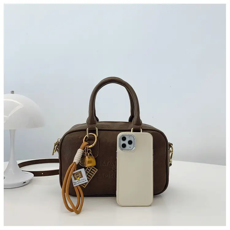 Women's Brown Leather Handbag with Gold Plated Handles — feature 41