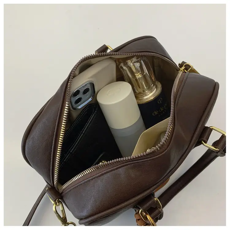 Women's Brown Leather Handbag with Gold Plated Handles — feature 42