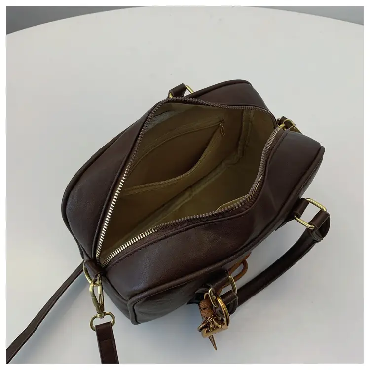 Women's Brown Leather Handbag with Gold Plated Handles — feature 43
