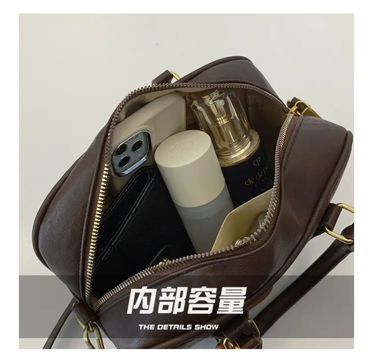 Women's Brown Leather Handbag with Gold Plated Handles — feature 9
