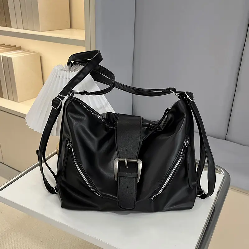 Black Retro Motorcycle Style Shoulder Crossbody Tote Bag - Image 7