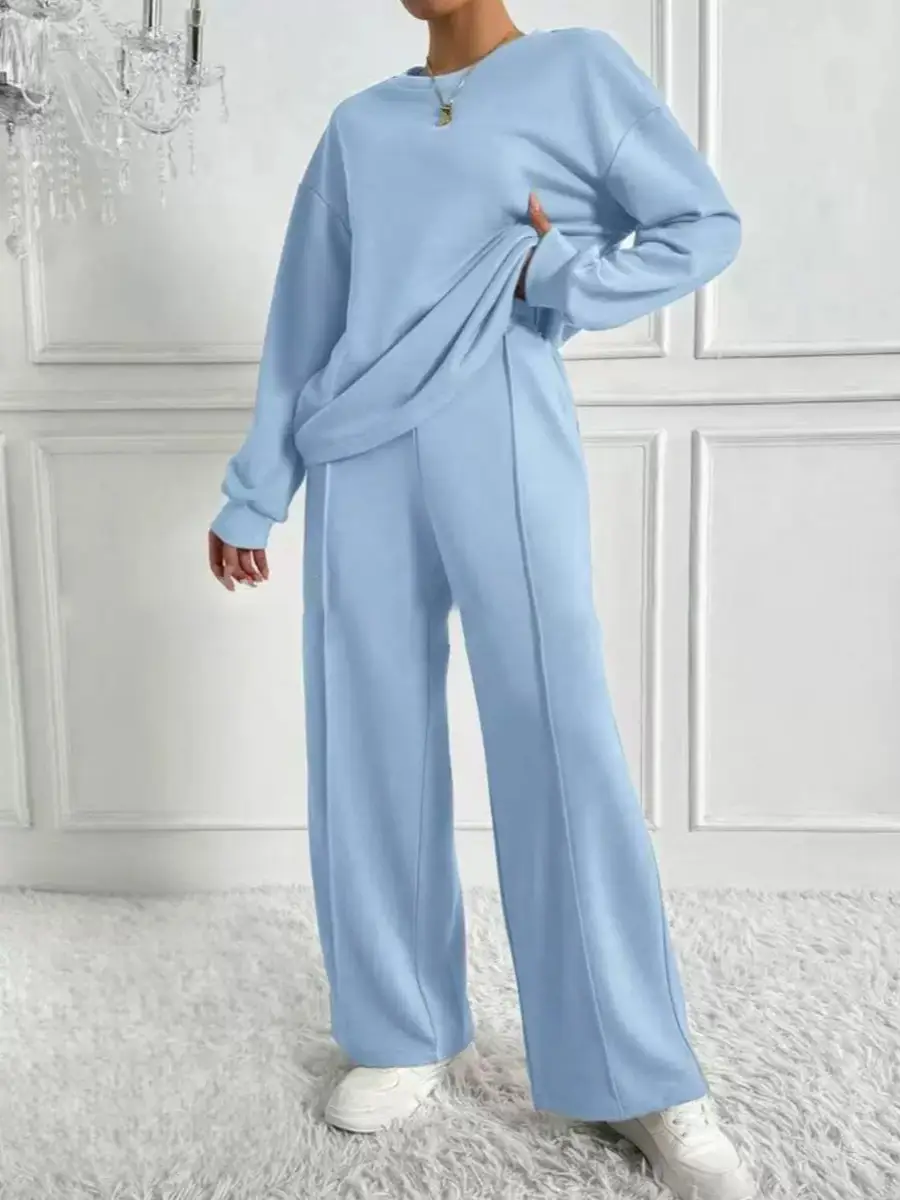 Women's Solid Color Crew Neck Sweatshirt and Sweatpants Two-Piece Set, Spring and Autumn Casual Loungewear, European and American Cross-Border Women's Clothing Wholesale