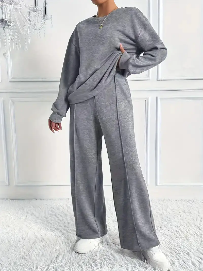 Women's Solid Color Crew Neck Sweatshirt and Sweatpants Two-Piece Set, Spring and Autumn Casual Loungewear, European and American Cross-Border Women's Clothing Wholesale