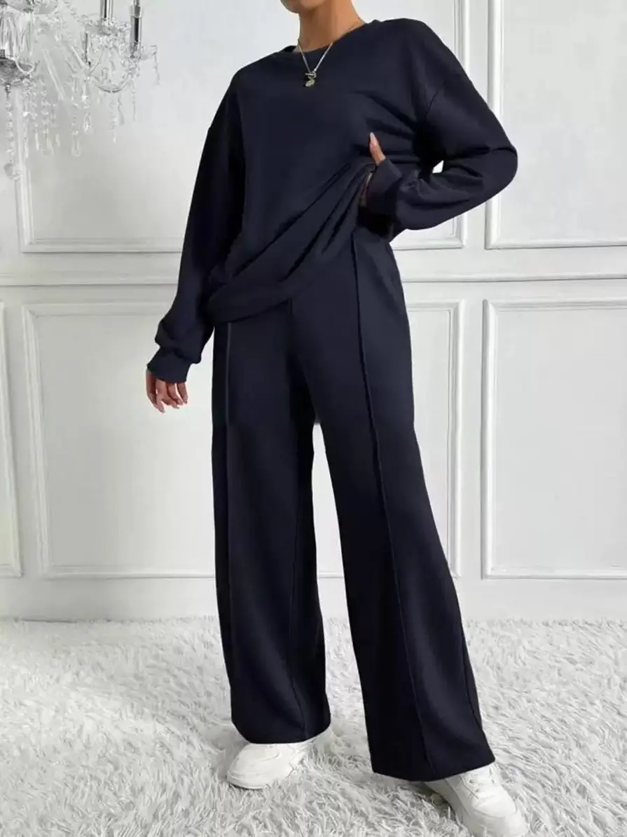 Women's Solid Color Crew Neck Sweatshirt and Sweatpants Two-Piece Set, Spring and Autumn Casual Loungewear, European and American Cross-Border Women's Clothing Wholesale