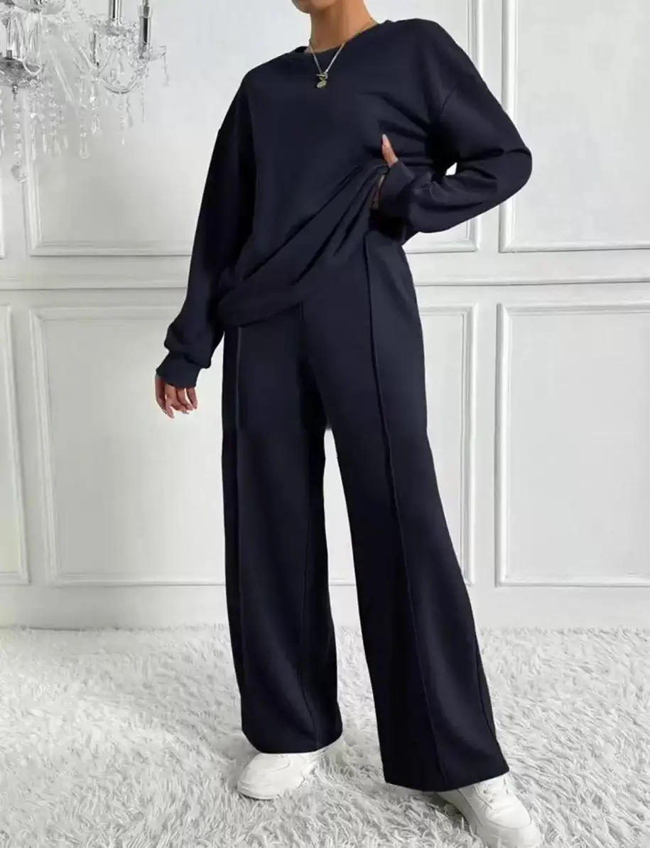 Women's Solid Color Crew Neck Sweatshirt and Sweatpants Two-Piece Set, Spring and Autumn Casual Loungewear, European and American Cross-Border Women's Clothing Wholesale — feature 11