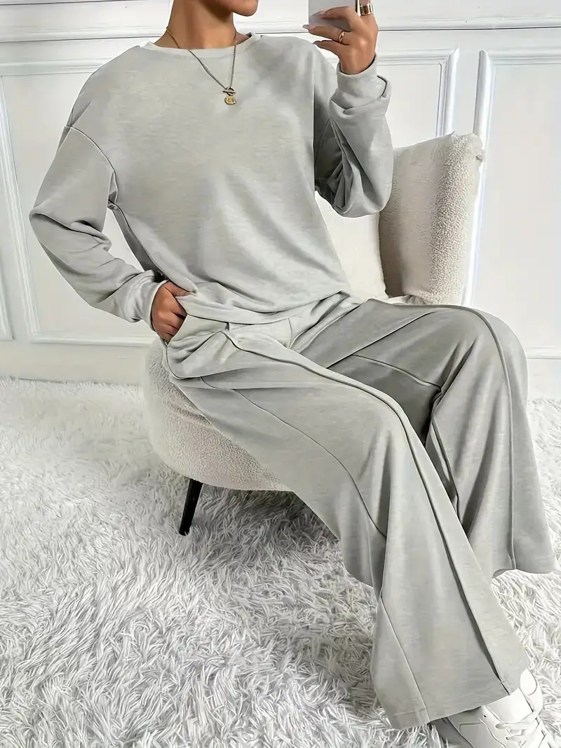 Women's Solid Color Crew Neck Sweatshirt and Sweatpants Two-Piece Set, Spring and Autumn Casual Loungewear, European and American Cross-Border Women's Clothing Wholesale — feature 3