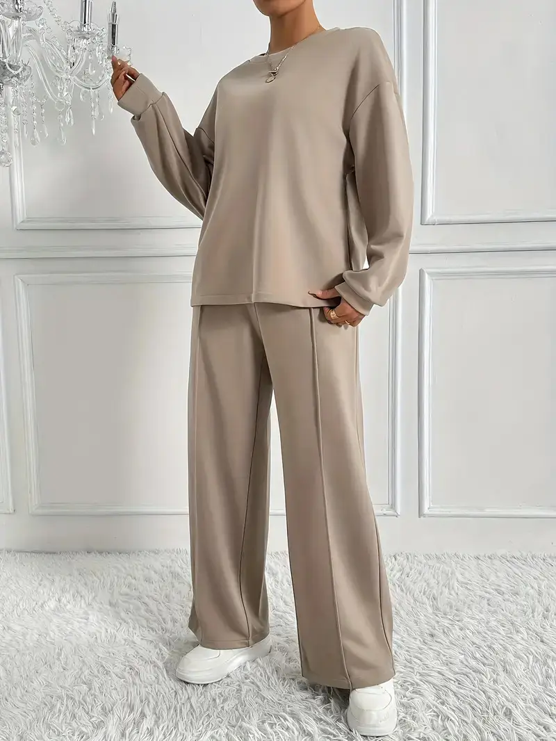 Women's Solid Color Crew Neck Sweatshirt and Sweatpants Two-Piece Set, Spring and Autumn Casual Loungewear, European and American Cross-Border Women's Clothing Wholesale — feature 6