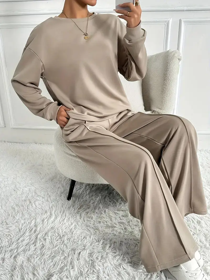 Women's Solid Color Crew Neck Sweatshirt and Sweatpants Two-Piece Set, Spring and Autumn Casual Loungewear, European and American Cross-Border Women's Clothing Wholesale — feature 9
