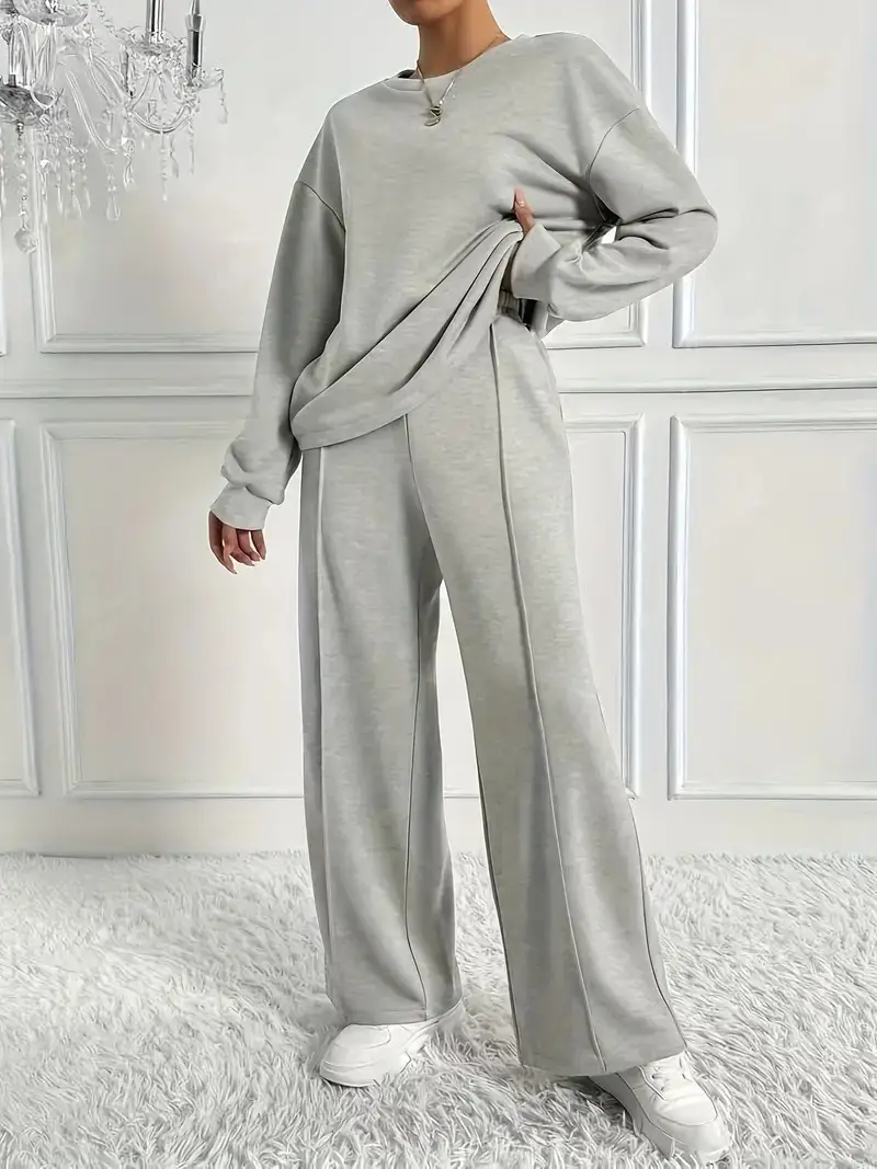 Women's Solid Color Crew Neck Sweatshirt and Sweatpants Two-Piece Set, Spring and Autumn Casual Loungewear, European and American Cross-Border Women's Clothing Wholesale