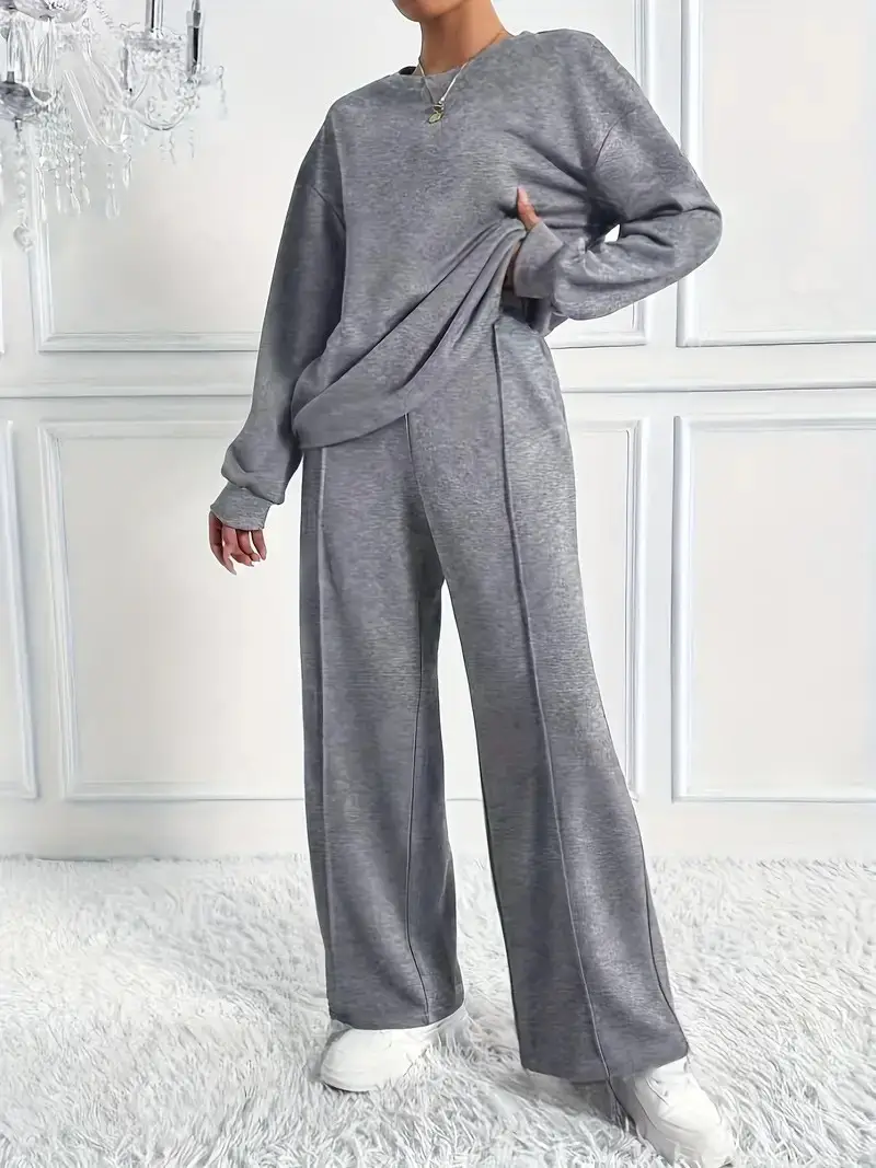 Women's Solid Color Crew Neck Sweatshirt and Sweatpants Two-Piece Set, Spring and Autumn Casual Loungewear, European and American Cross-Border Women's Clothing Wholesale