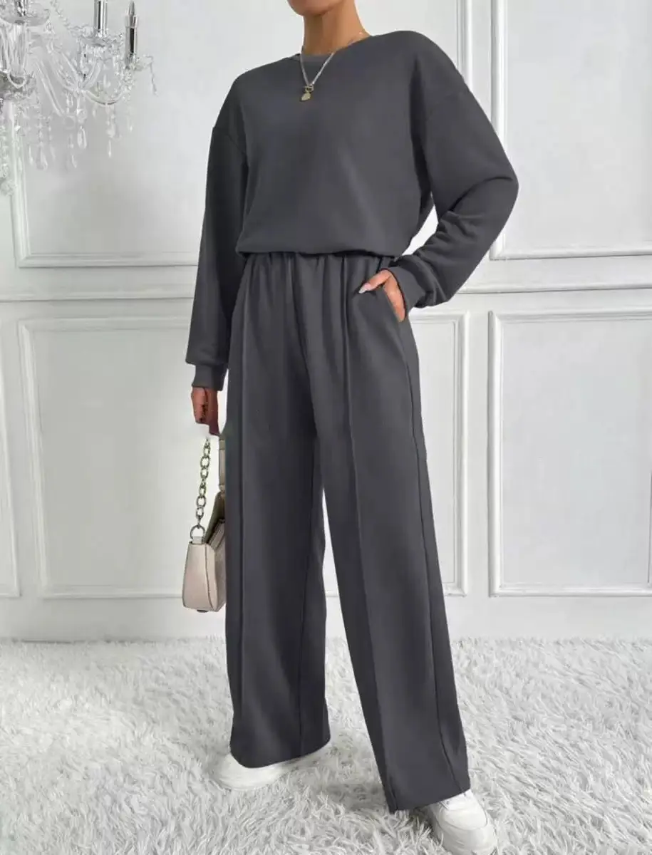 Women's Solid Color Crew Neck Sweatshirt and Sweatpants Two-Piece Set, Spring and Autumn Casual Loungewear, European and American Cross-Border Women's Clothing Wholesale