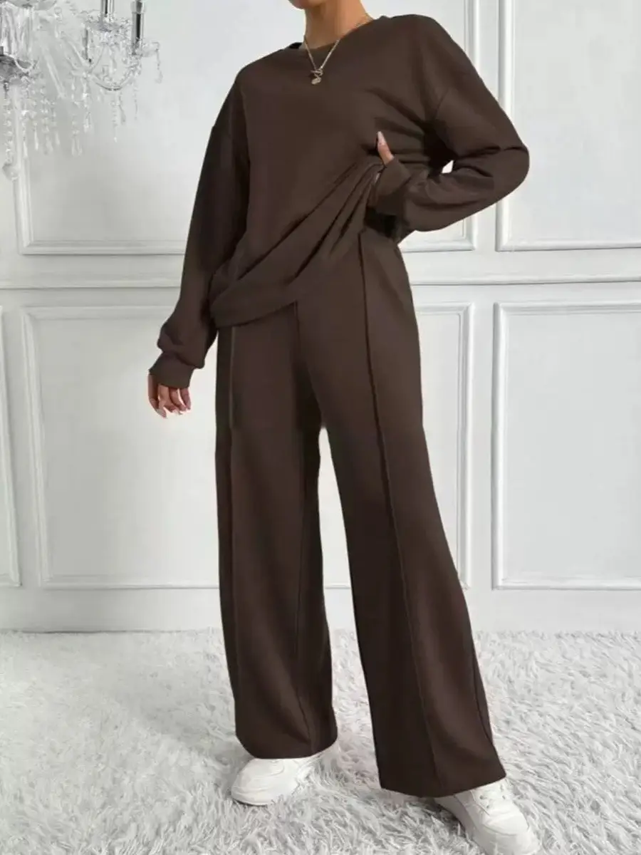 Women's Solid Color Crew Neck Sweatshirt and Sweatpants Two-Piece Set, Spring and Autumn Casual Loungewear, European and American Cross-Border Women's Clothing Wholesale