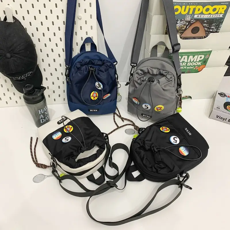 Women's Grey Drawstring Water Cup Backpack with Patches - Image 6