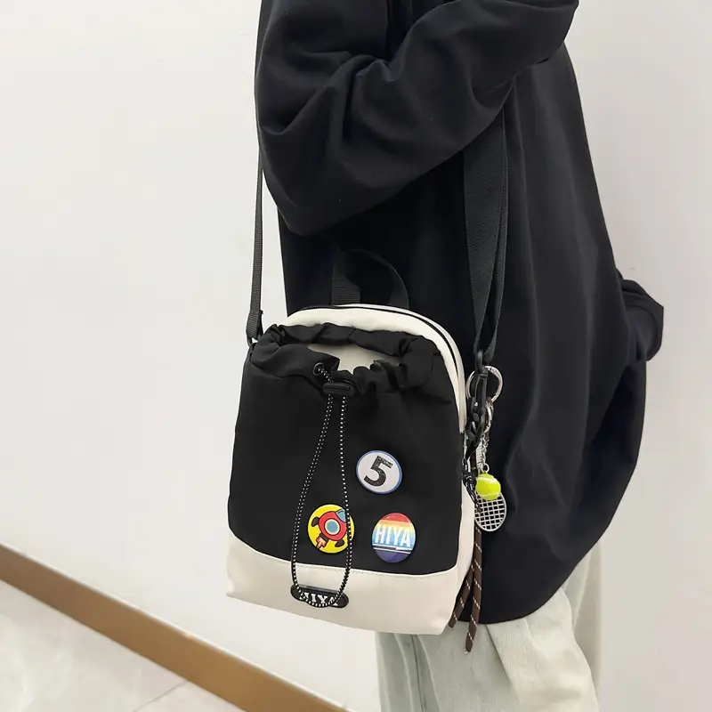 Women's Grey Drawstring Water Cup Backpack with Patches - Image 7