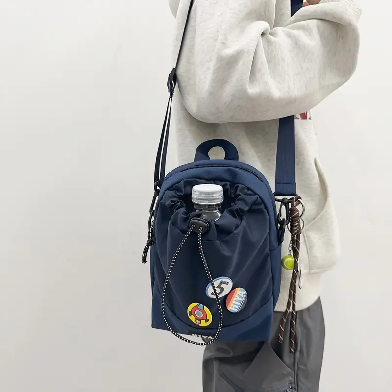 Women's Grey Drawstring Water Cup Backpack with Patches - Image 8