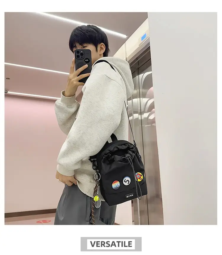 Women's Grey Drawstring Water Cup Backpack with Patches — feature 10