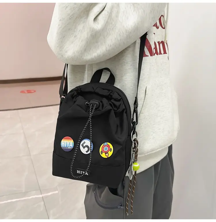 Women's Grey Drawstring Water Cup Backpack with Patches — feature 11