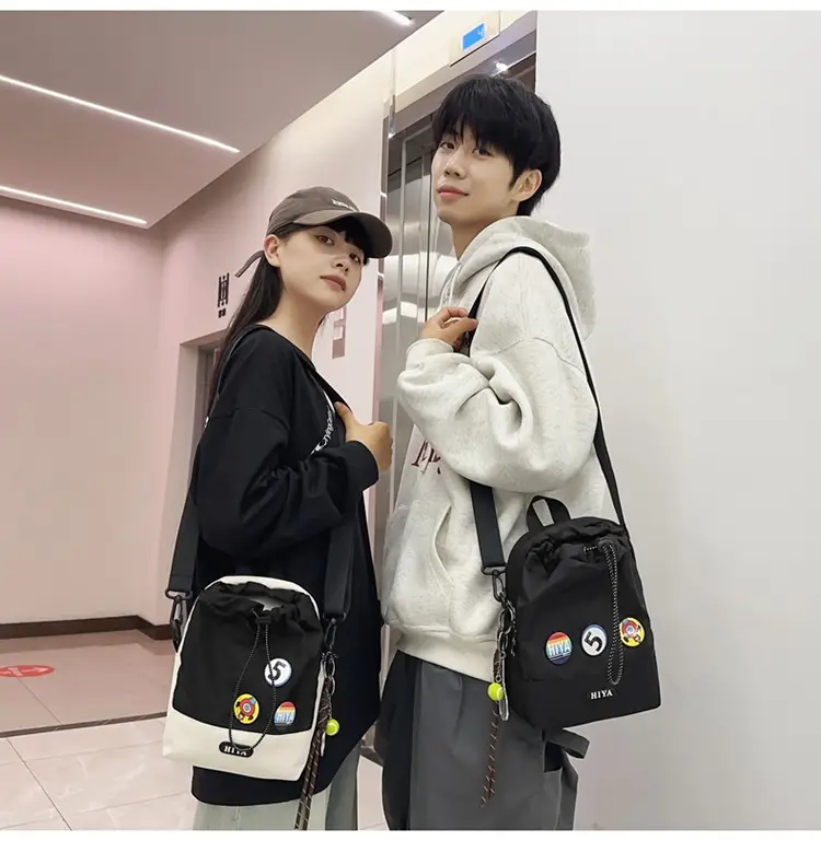 Women's Grey Drawstring Water Cup Backpack with Patches — feature 14