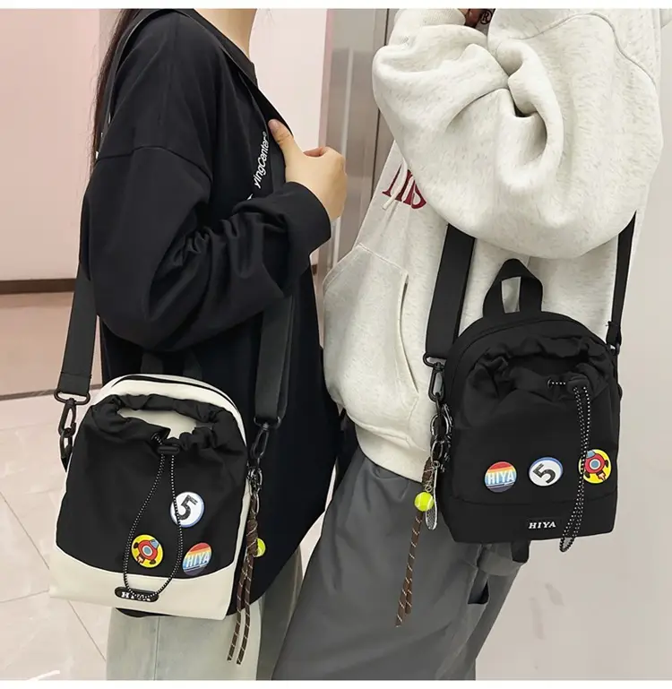 Women's Grey Drawstring Water Cup Backpack with Patches — feature 15