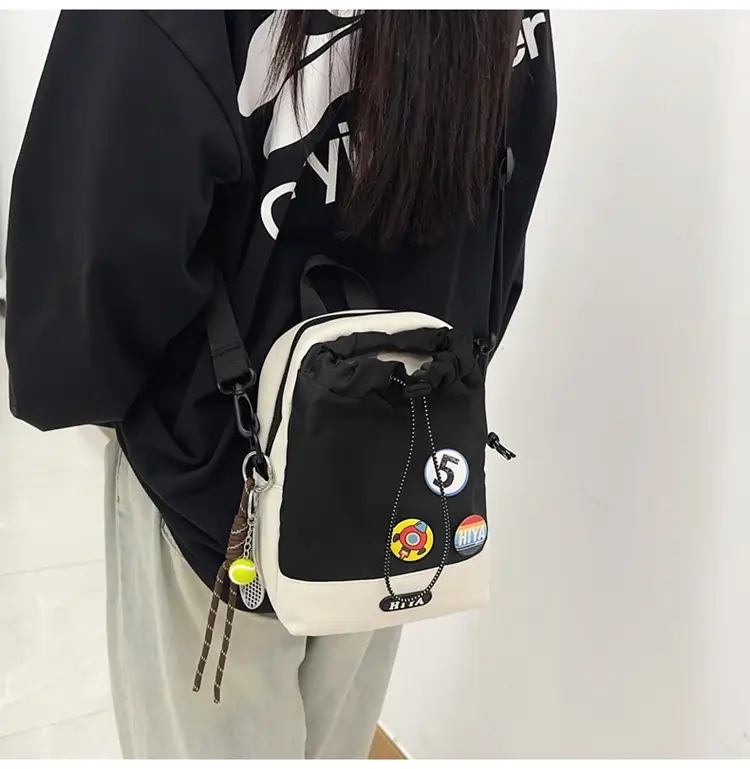Women's Grey Drawstring Water Cup Backpack with Patches — feature 16