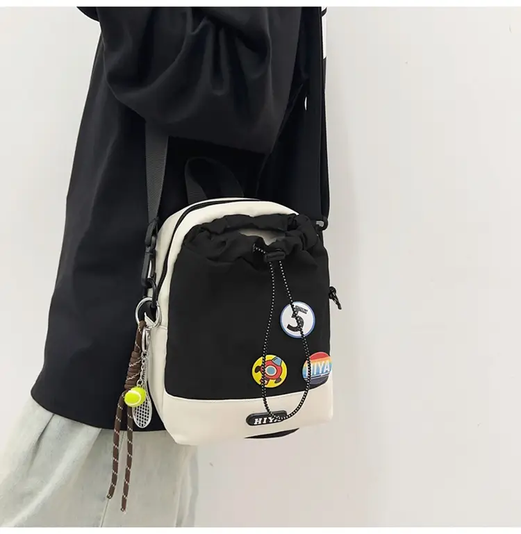 Women's Grey Drawstring Water Cup Backpack with Patches — feature 17