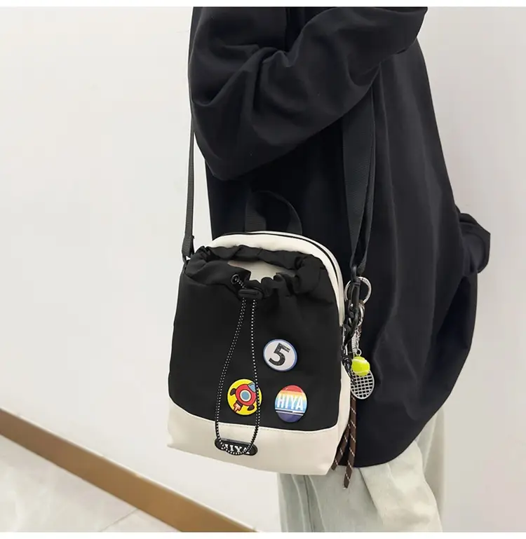 Women's Grey Drawstring Water Cup Backpack with Patches — feature 18