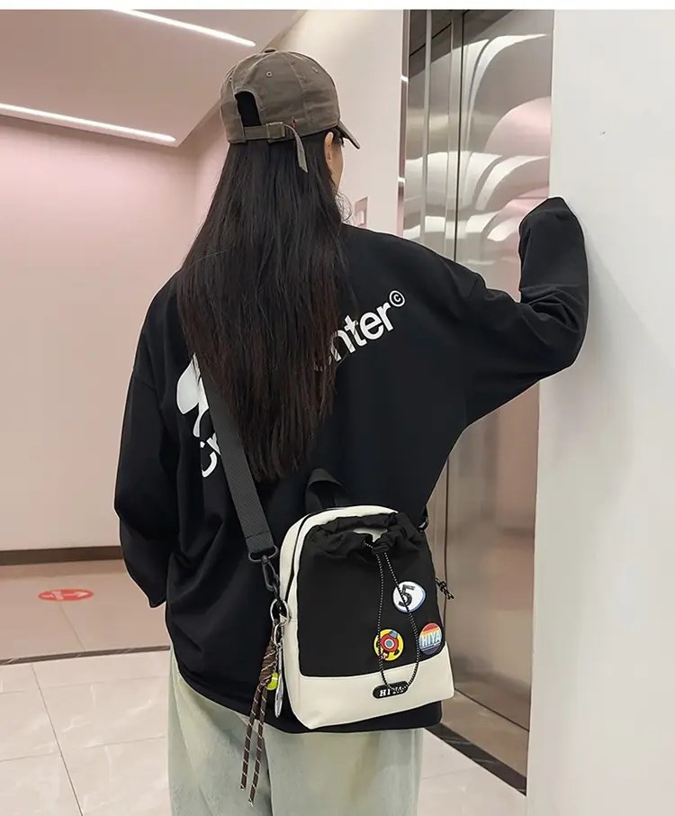 Women's Grey Drawstring Water Cup Backpack with Patches — feature 2