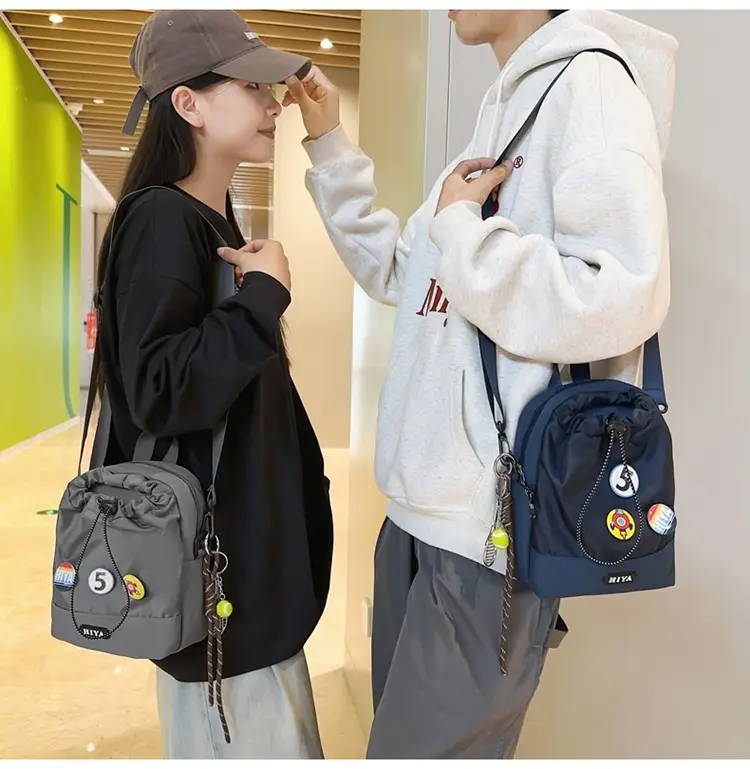 Women's Grey Drawstring Water Cup Backpack with Patches — feature 20