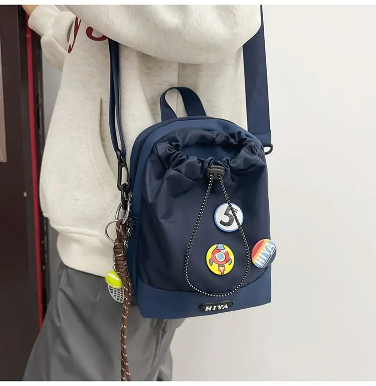 Women's Grey Drawstring Water Cup Backpack with Patches — feature 22