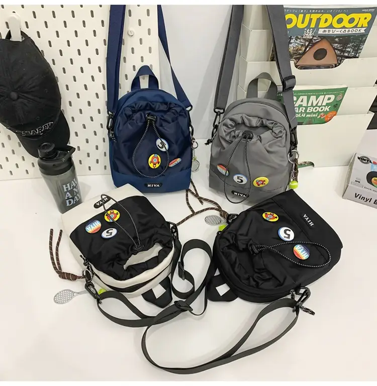 Women's Grey Drawstring Water Cup Backpack with Patches — feature 25