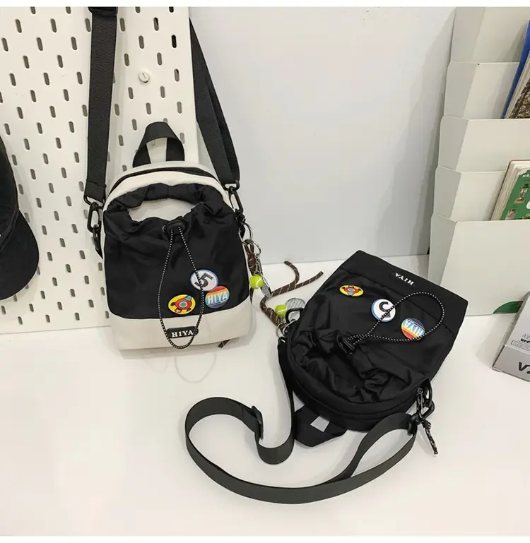 Women's Grey Drawstring Water Cup Backpack with Patches — feature 26