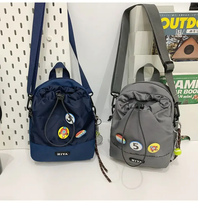 Women's Grey Drawstring Water Cup Backpack with Patches — feature 27