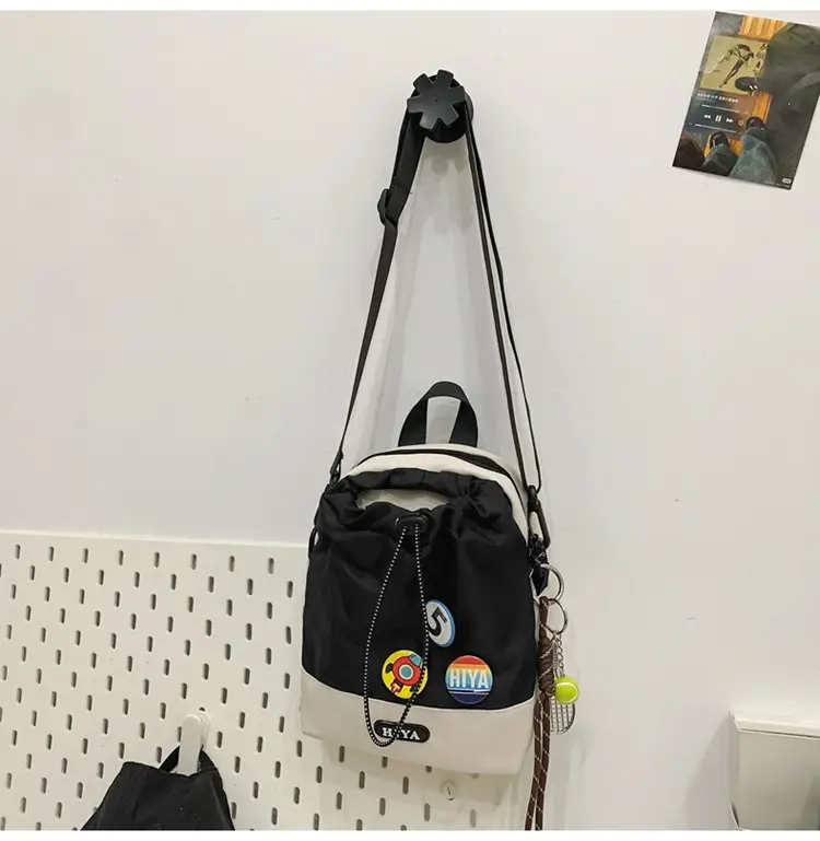 Women's Grey Drawstring Water Cup Backpack with Patches — feature 28