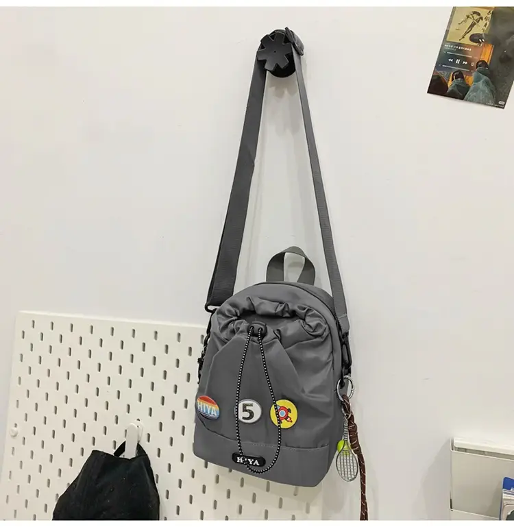 Women's Grey Drawstring Water Cup Backpack with Patches — feature 30