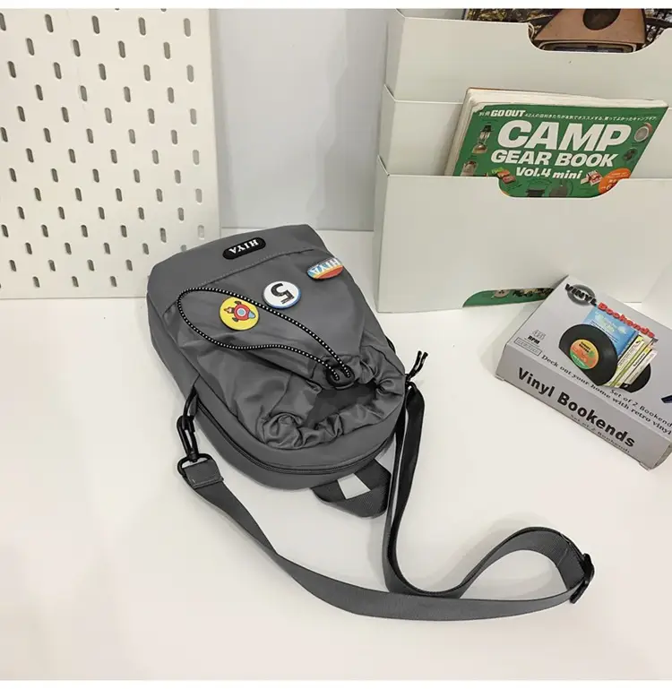 Women's Grey Drawstring Water Cup Backpack with Patches — feature 31