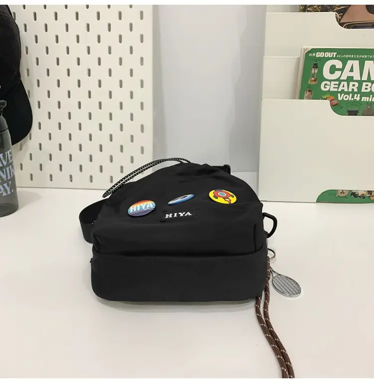 Women's Grey Drawstring Water Cup Backpack with Patches — feature 37