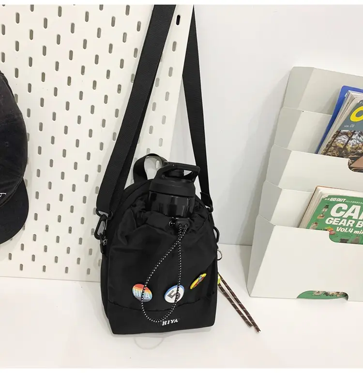 Women's Grey Drawstring Water Cup Backpack with Patches — feature 39