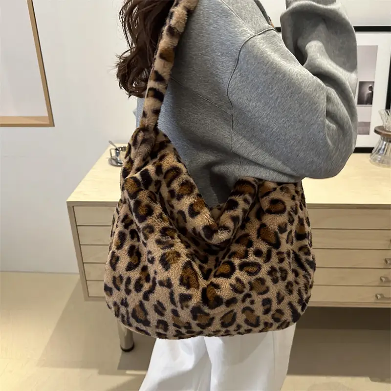 Winter Leopard Print Plush Shoulder Bag for Women - Image 6