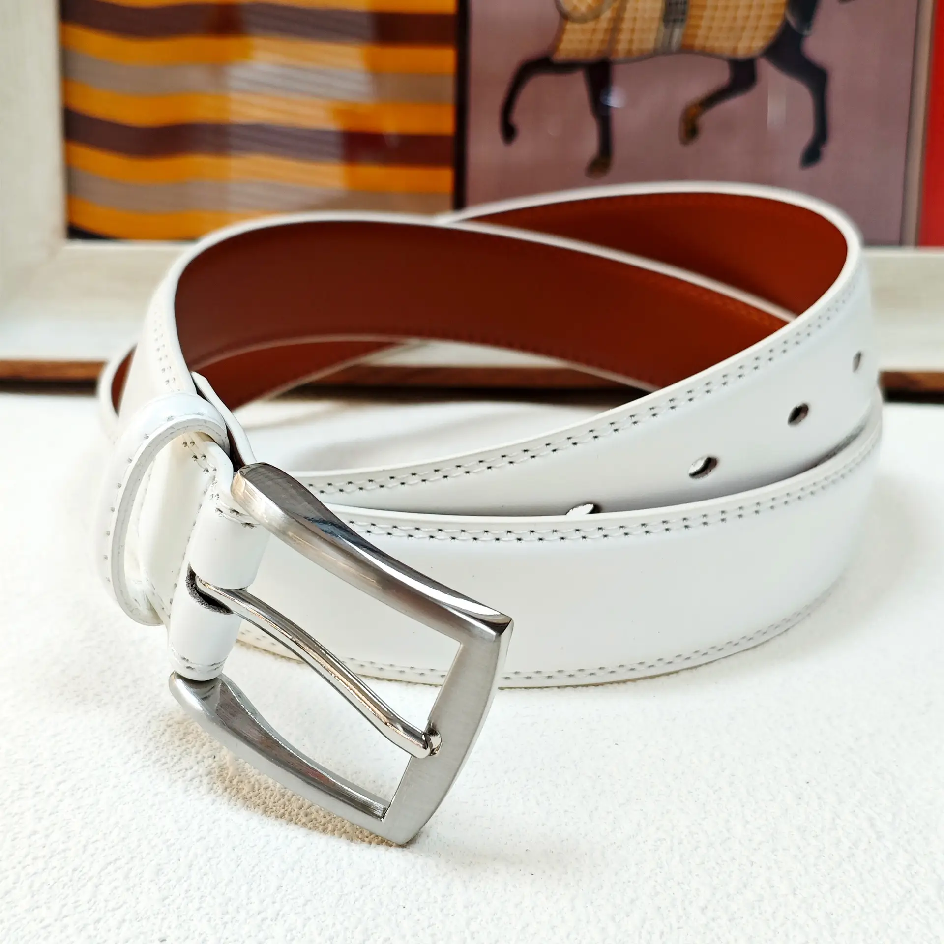 White Genuine Leather Pin Buckle Belt for Women - Image 2