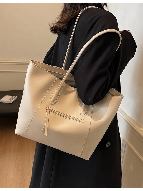 Women Large Capacity Tote Bag Beige Shoulder Handbag - Image 6
